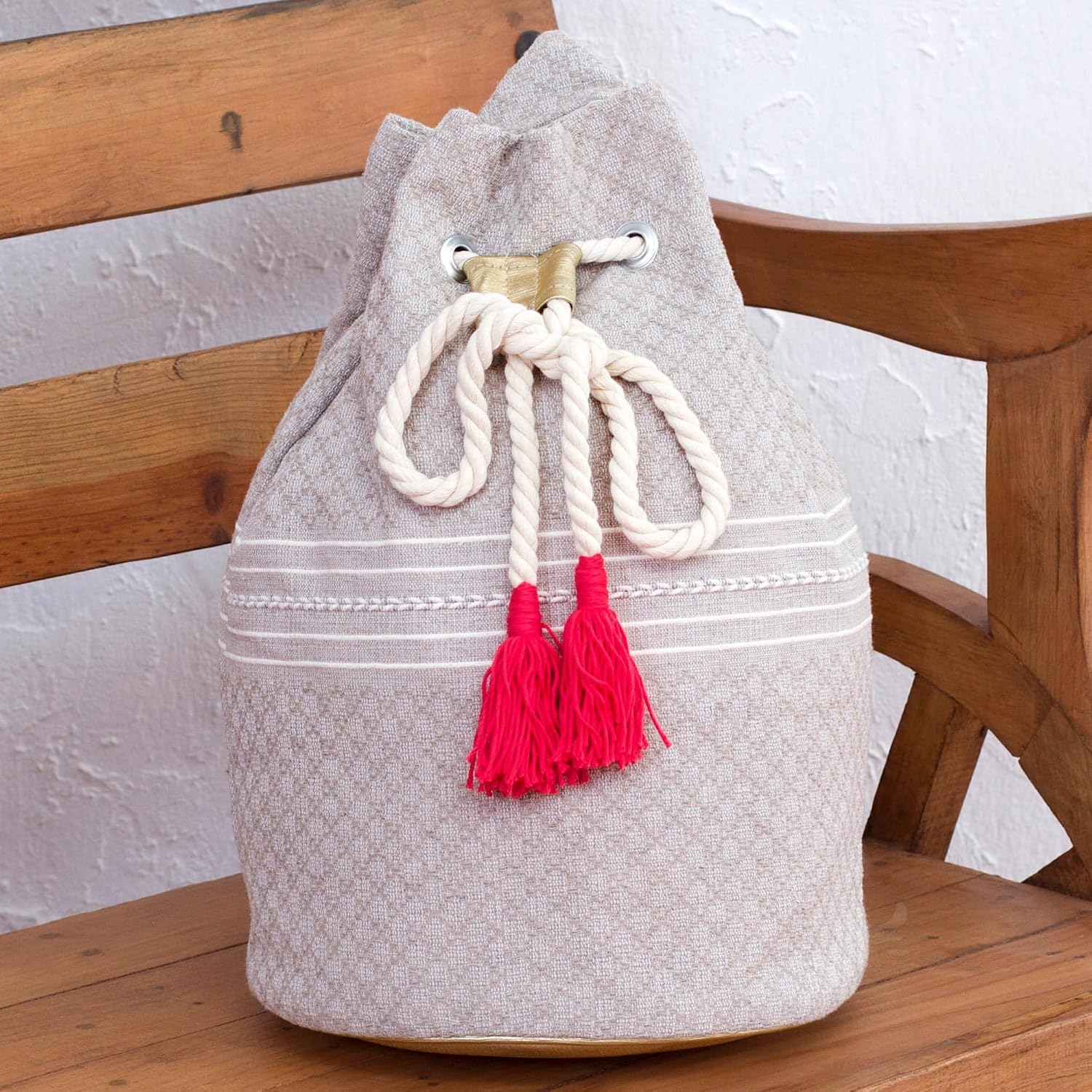 NOVICA Artisan Handcrafted Cotton Backpack Striped Drawstring Mexico Handbags Beige Backpacks Patterned Woven ' Day Trip Dream'