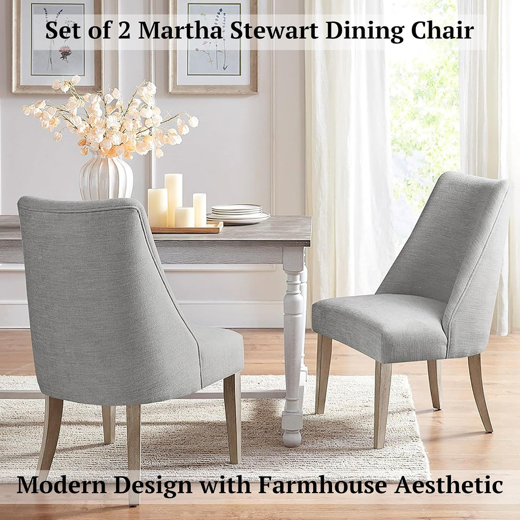Martha Stewart Winfield Upholstered High Back Accent Dining Chairs Set of 2, Padded Seat, Solid Wood Legs, Chambray Jacquard Textured Fabric, Cottage, Farmhouse for Kitchen, Room, Light Grey