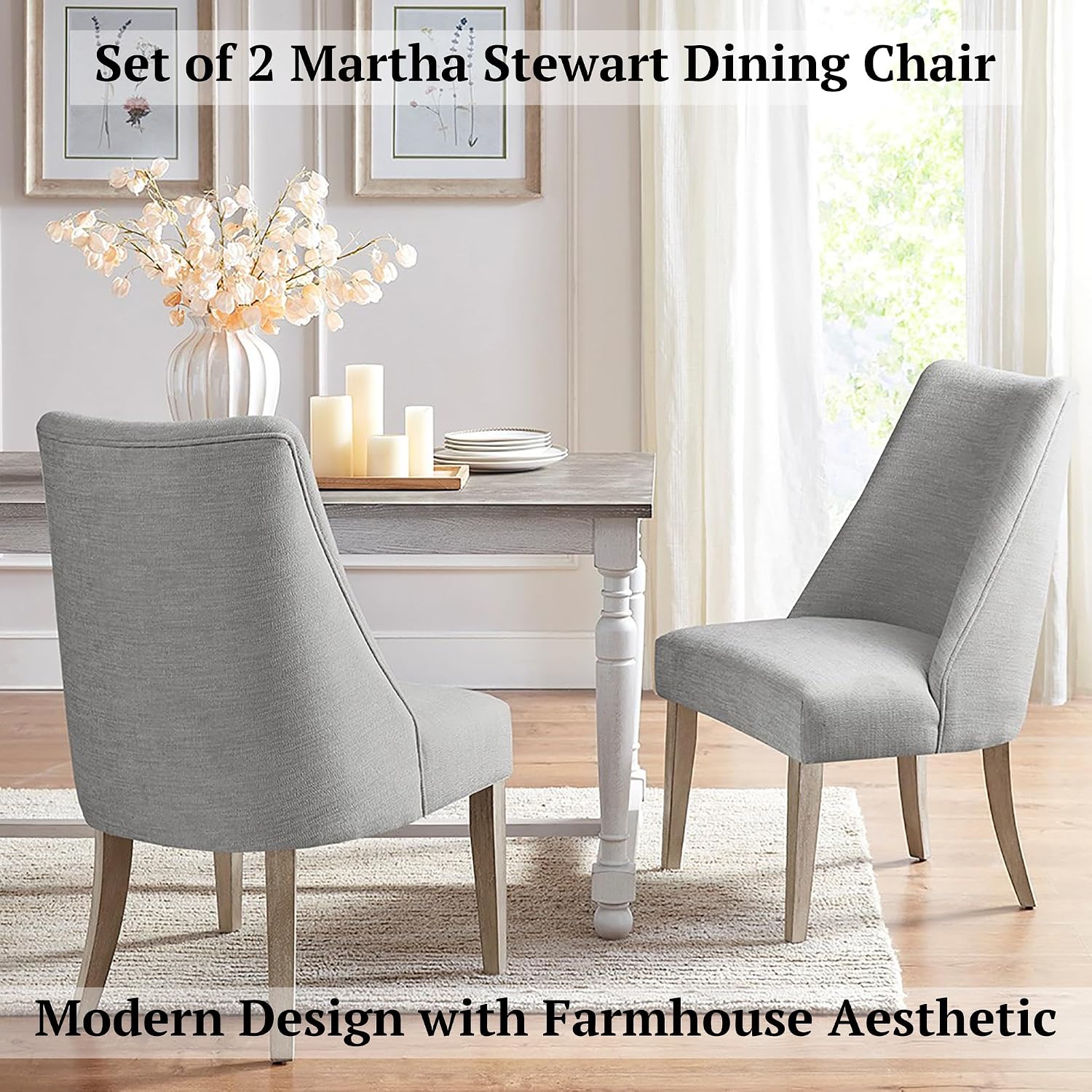 Martha Stewart Winfield Upholstered High Back Accent Dining Chairs Set of 2, Padded Seat, Solid Wood Legs, Chambray Jacquard Textured Fabric, Cottage, Farmhouse for Kitchen, Room, Light Grey