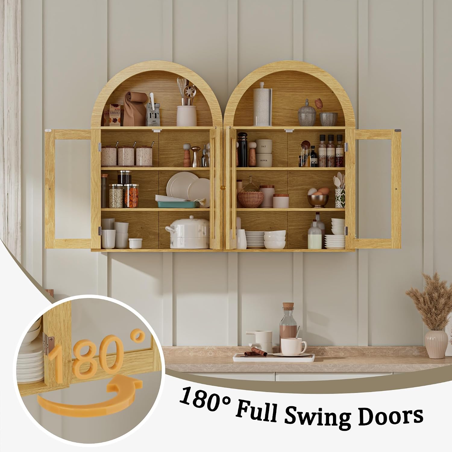 BREEZEHEAT Arched Medicine Cabinet with Glass Doors, Adjustable Shelf, Wall Mounted Bathroom Storage Cabinet Over Toilet, Natural Oak Wood Grain, 23.6''W × 31.5''H