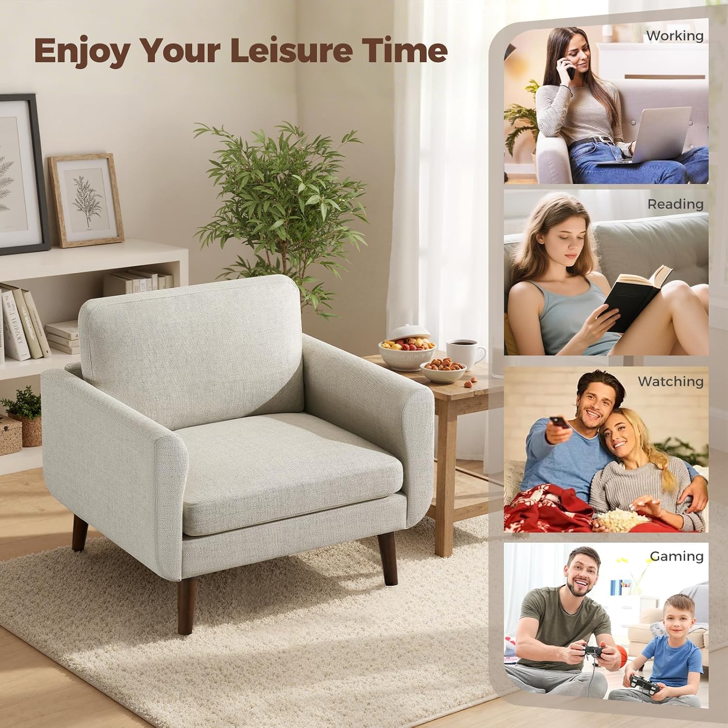 Oversized Accent Chair for Living Room, 37' Mid-Century Modern Comfy Reading Chair, Linen Fabric Solid Wood Frame Armchair, Upholstered Oatmeal Bedroom Accent Chairs Set of 2 for Adults