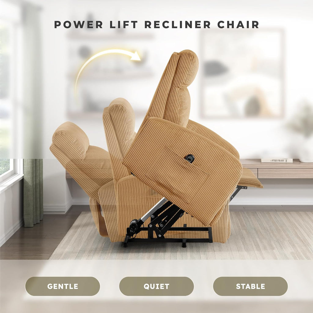 Lexicon Power Lift Recliner Chair for Elderly with Remote Control, Gentle Lift Motion, Side Pocket Armrest, Corduroy Upholstered Electric Recliner for Living Room/Bedroom, Easy Assembly, Yellow