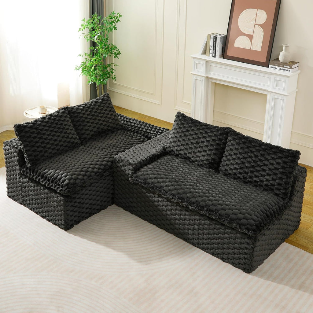 KEIKI 120' Modular Boneless Couch Full Chaise for Living Room, 4-Seater Sectional Couches for Living Room Furniture, Deep Seat Modular Cloud Sofa Bed for Apartment Bedroom Pet Friendly, Black
