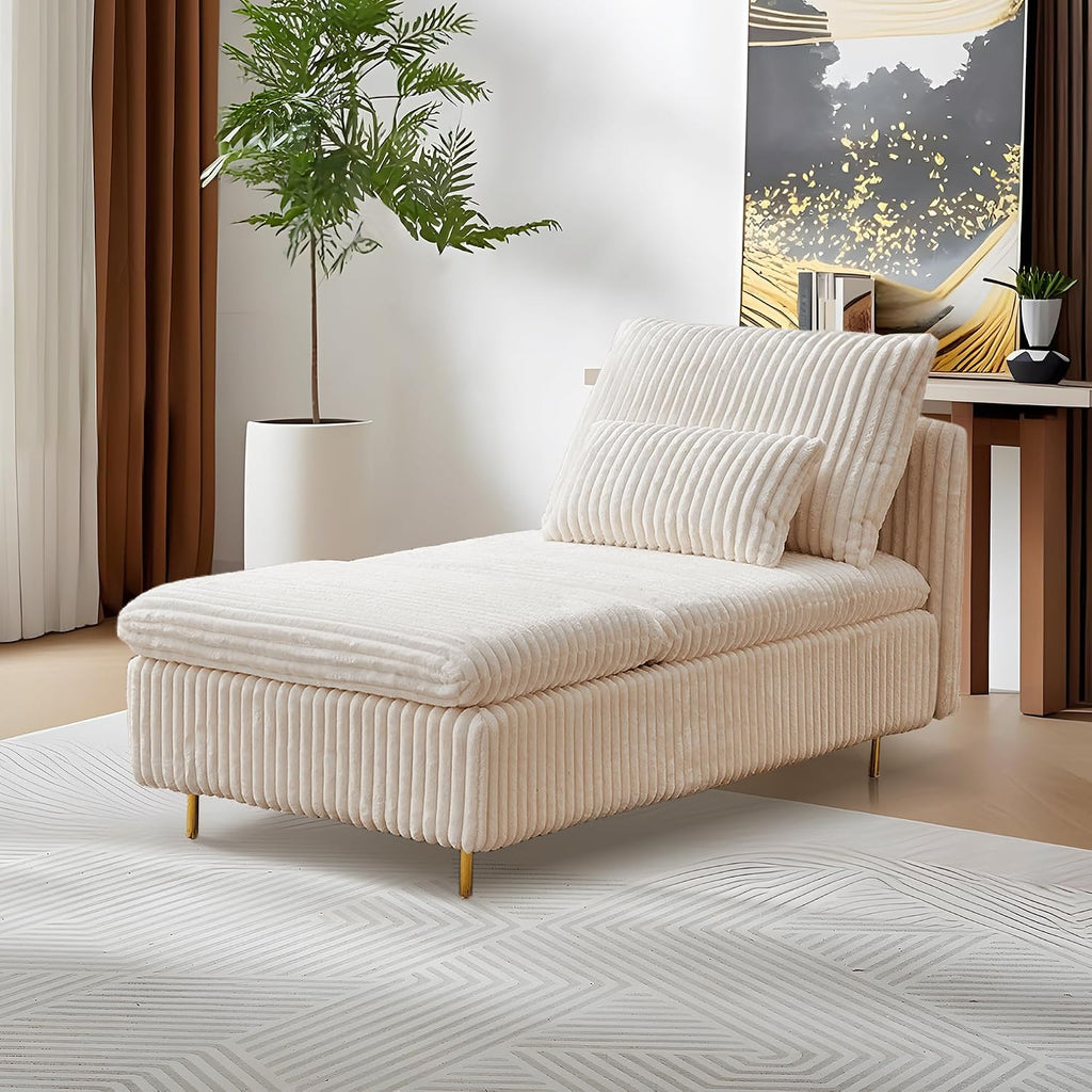 62.6' Corduroy Chaise Lounge Indoor, Modern Longue Chair Upholstered Chaise Longue with Support Pillow & Golden Metal Legs, Sleeper Sofa Recliner for Bedroom, Living Room, Office, Beige
