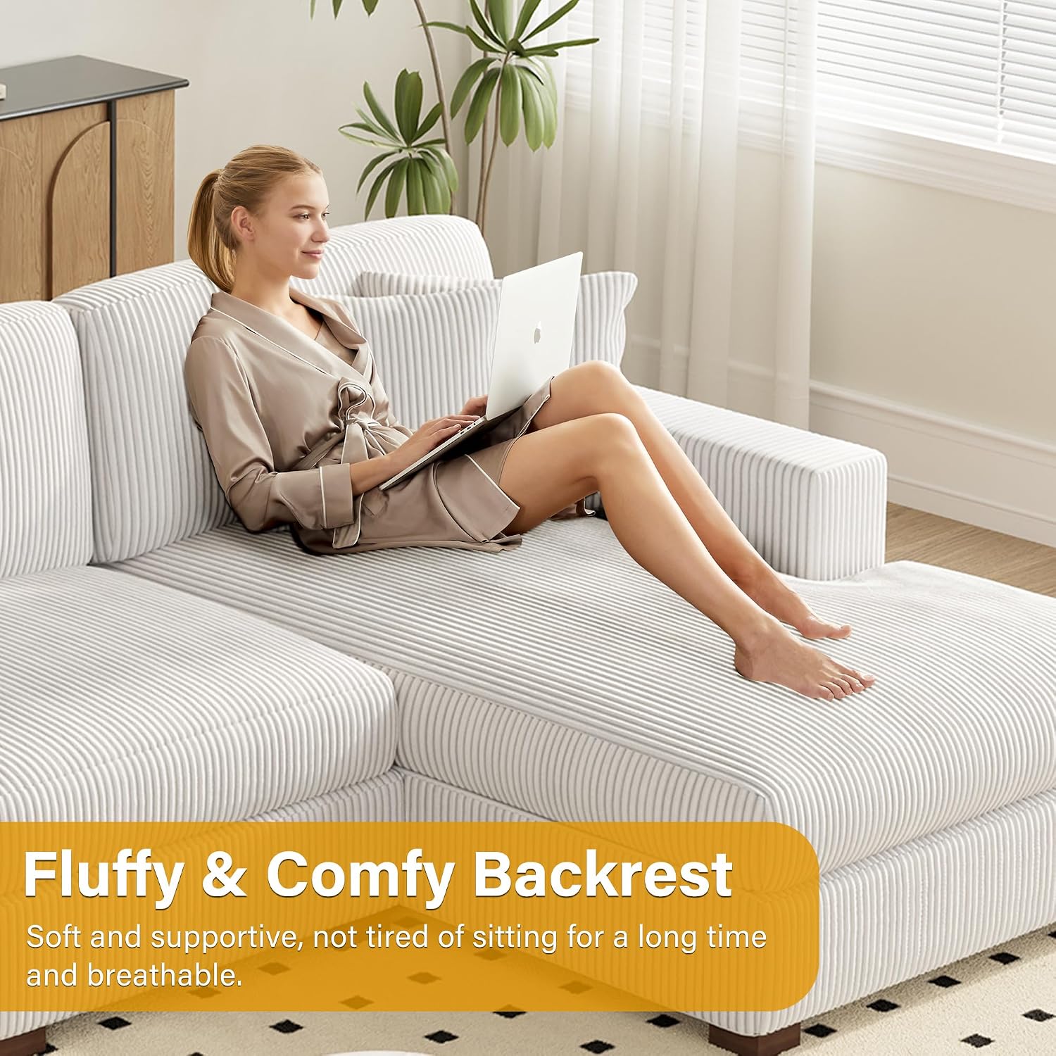 Oversized Chaise Lounge Chair Indoor, Corduroy Upholstered Sofa Bed for Living Room, Comfy Sleeper Couch Bedroom Reading Seat with Wood Frame - Beige, Left Armrest