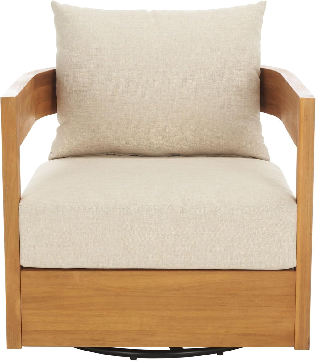 SAFAVIEH Outdoor - Kento Swivel Lounge Chair - Natural & Taupe - Solid Wood with Cushion - Modern Round Design - Ideal for Patio, Deck, Porch, Backyard, 27.5' W x 33' D x 29.1' H (PAT7099A)