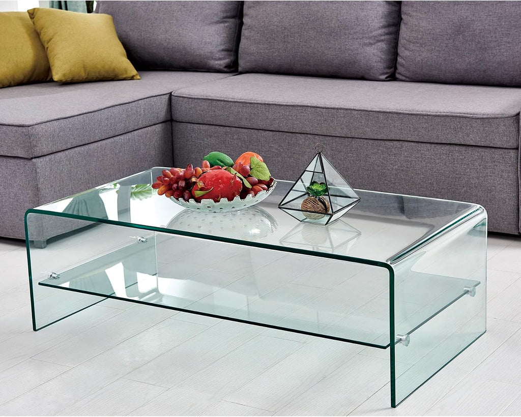 Glass Coffee Table with Shelf Modern Coffee Table for Living Room S39x20x14