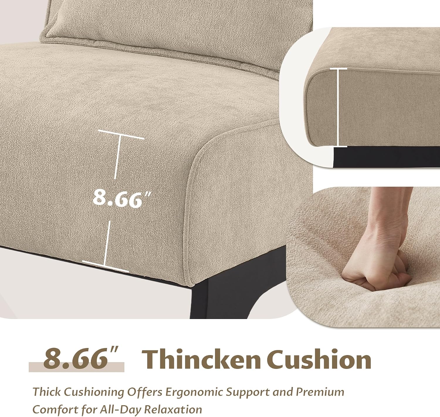 Upholstered Armless Accent Chair,Modern Comfy Living Room Chairs with Wooden Legs& Pillows,Lounge Sofa Side Chair for Bedroom Farmhouse Reading Brown