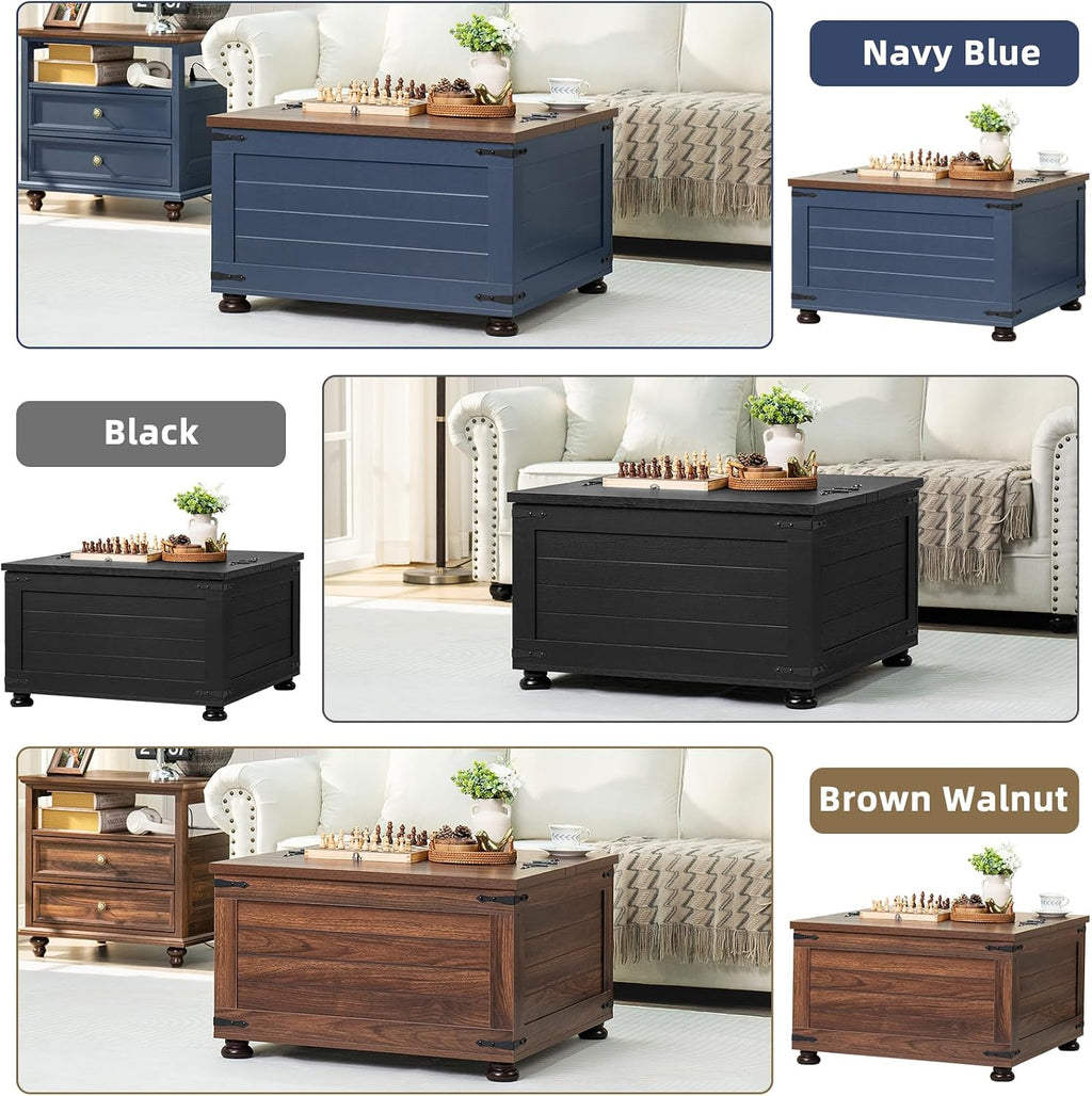 Joaxswe Farmhouse Coffee Table with Hidden Storage,Large Square Center Table for Living Room,Retro Cocktail Tables with Flip-Top Lids, Farm House Tables with Wooden Gourd Feet for Home,Brown Walnut