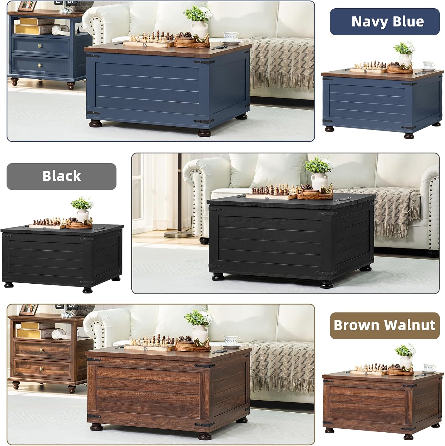 Joaxswe Farmhouse Coffee Table with Hidden Storage,Large Square Center Table for Living Room,Retro Cocktail Tables with Flip-Top Lids, Farm House Tables with Wooden Gourd Feet for Home,Brown Walnut