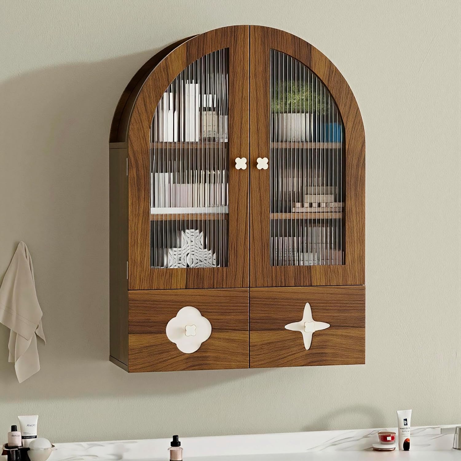 BREEZEHEAT Arched Bathroom Wall Cabinet, Medicine Cabinet Over Toilet Storage w/Fluted Glass Doors & Adjustable Shelf, Wood Hanging Cupboard for Laundry Room, Entryway, Kitchen, Walnut,23.6x33.5 Inch