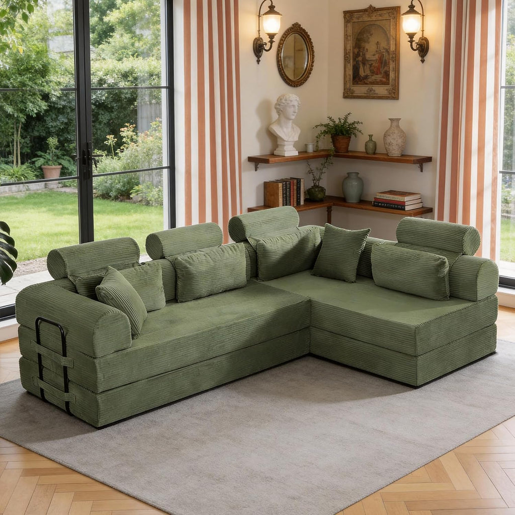 KEIKI 6-in-1 Folding Convertible High Back Sofa Sleeper, 106' Oversized Modular Sectional Corduroy Upholstered L Shape Couches for Living Room, Deep Cushion for Open Concept Living, Grayish Green