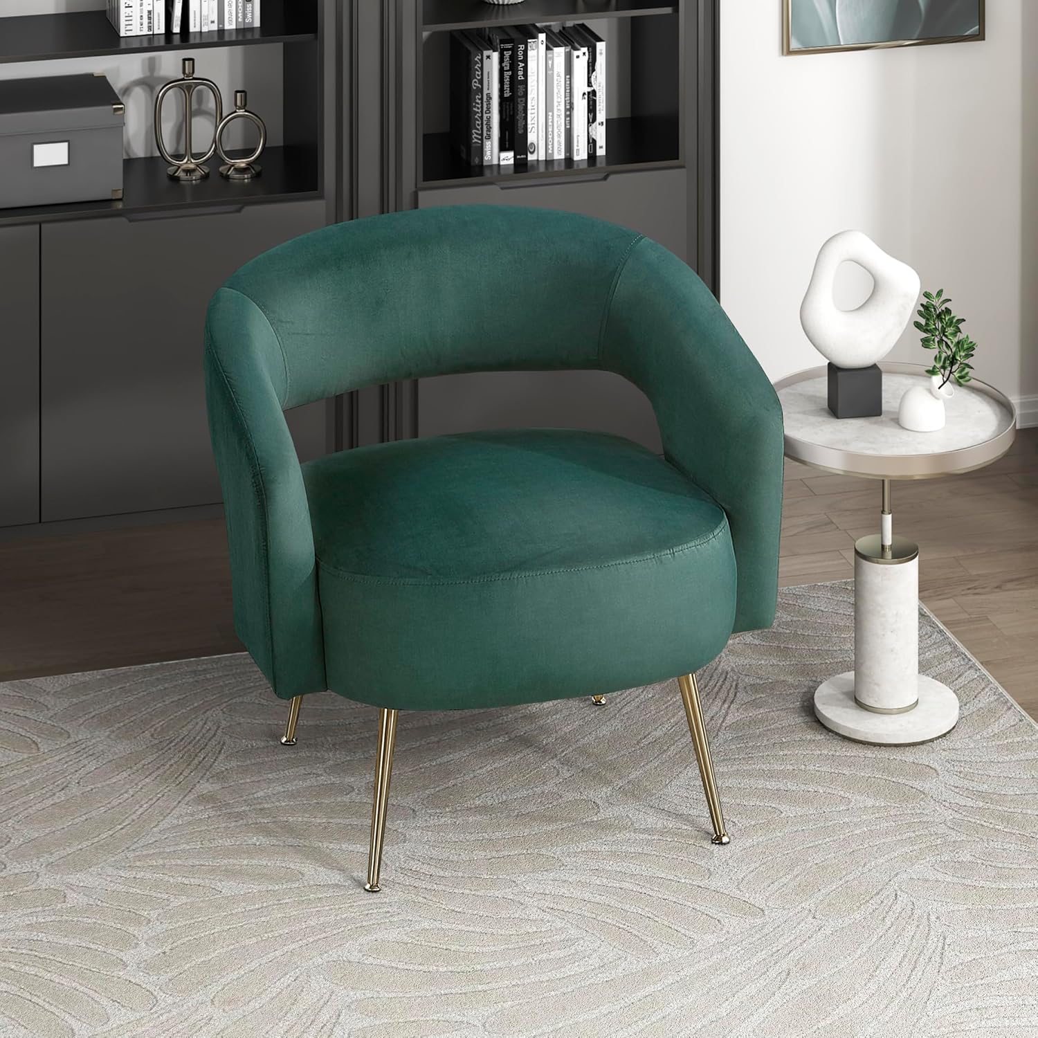 Lexicon Mid-Century Modern Velvet Accent Chair with Open Back, Gold Metal Legs, Upholstered Curved Barrel Armchair for Living Room/Bedroom/Office, Easy Assembly, Dark Green