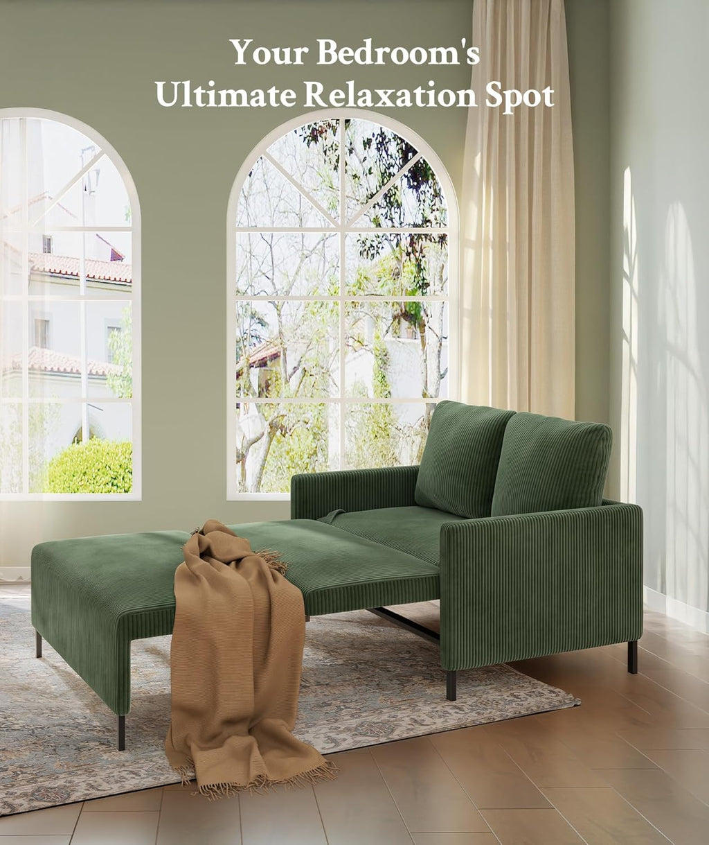 Welzona 47.2' Convertible Sofa Bed Couch, Comfy Corduroy Loveseat Sleeper Sofa, 620lbs Capacity Couch Bed, Easy Setup Love Seat Sleeper Bed with 2 Pillow, Small Couches for Living Room/Office, Green