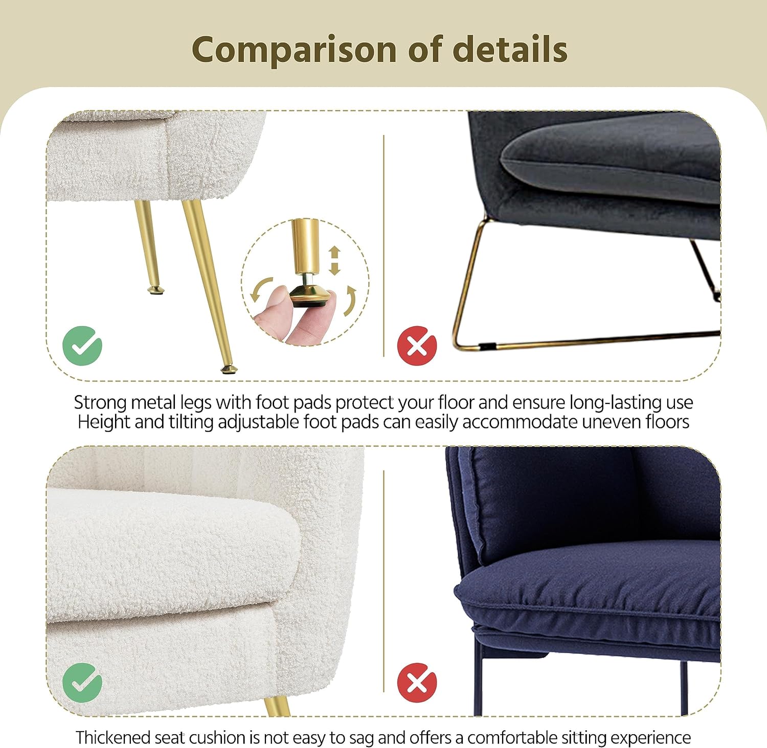 Yaheetech Accent Chair, Modern Cozy Vanity Chair with Gold Metal Legs, Boucle Fabric Armchair with Removable Seat Cushion for Living Room Bedroom Office Guest Room, Ivory, 2 pcs