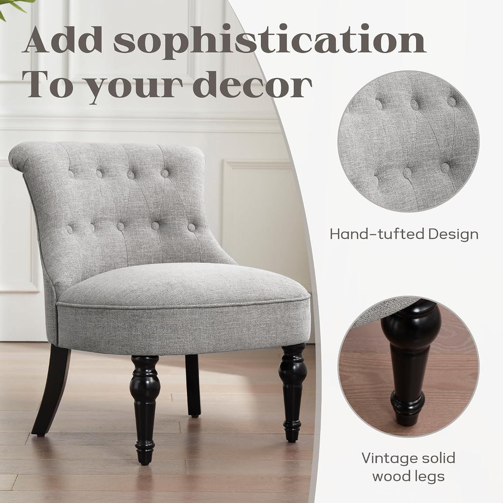 Zihanhome Armless Accent Chair, Living Room Chairs with Wooden Legs, Comfy Tufted Bedroom Chair, Upholstered Chair for Reading Rooms, Reception, Apartments and Dormitories (Grey)