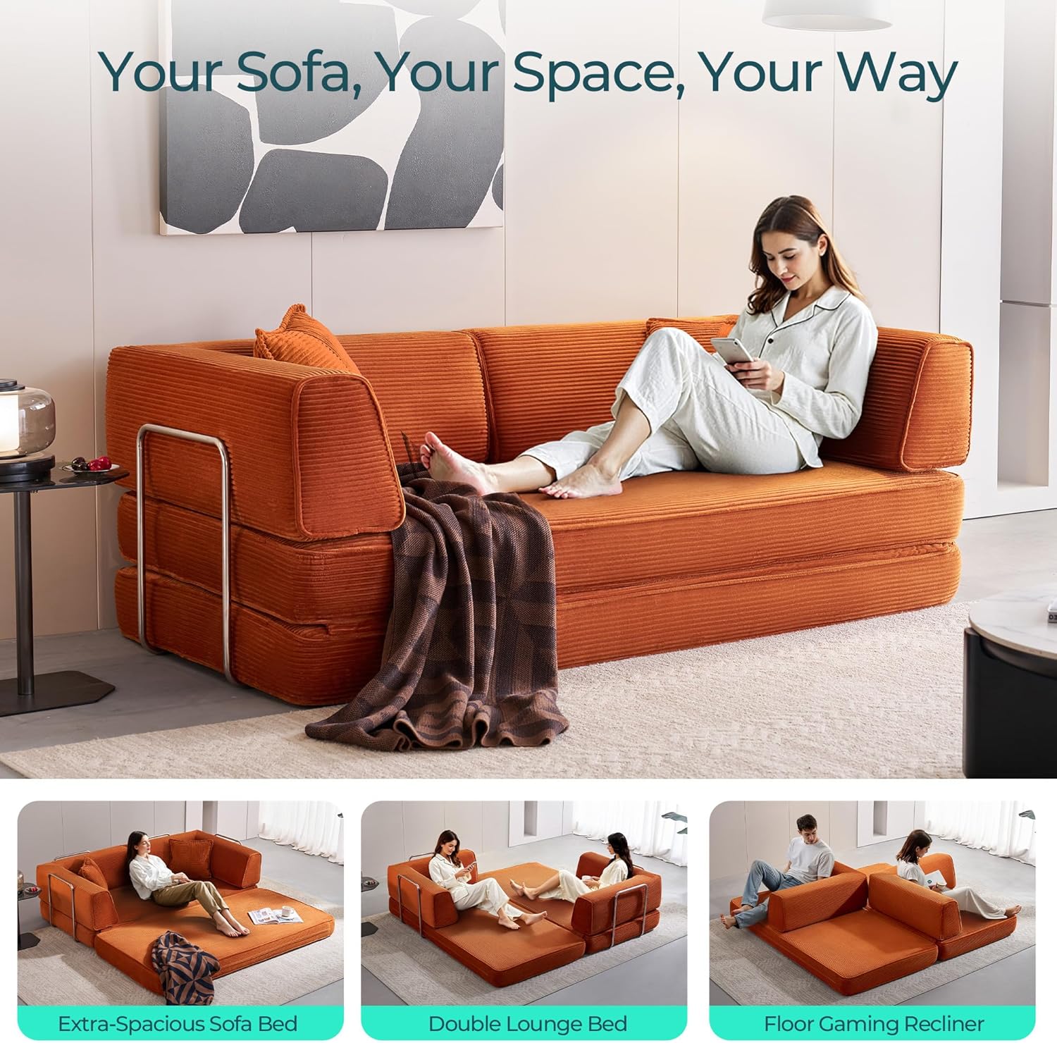 LINSY HOME Sofa Bed Couch - Convertible Boneless Couch Bed with 2 Pillow (Orange) | Folding Sofa Bed