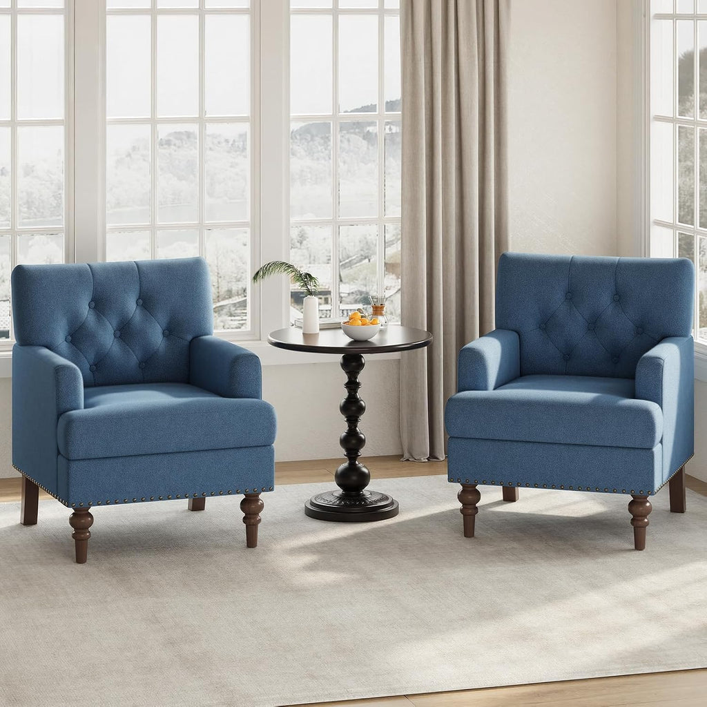 MALOL Upholstered Accent Chair, Comfy Reading Chair for Living Room, Mid Century Modern Armchair with Thick Cushion & Solid Rubberwood Legs, for Bedroom/Small Spaces, Blue