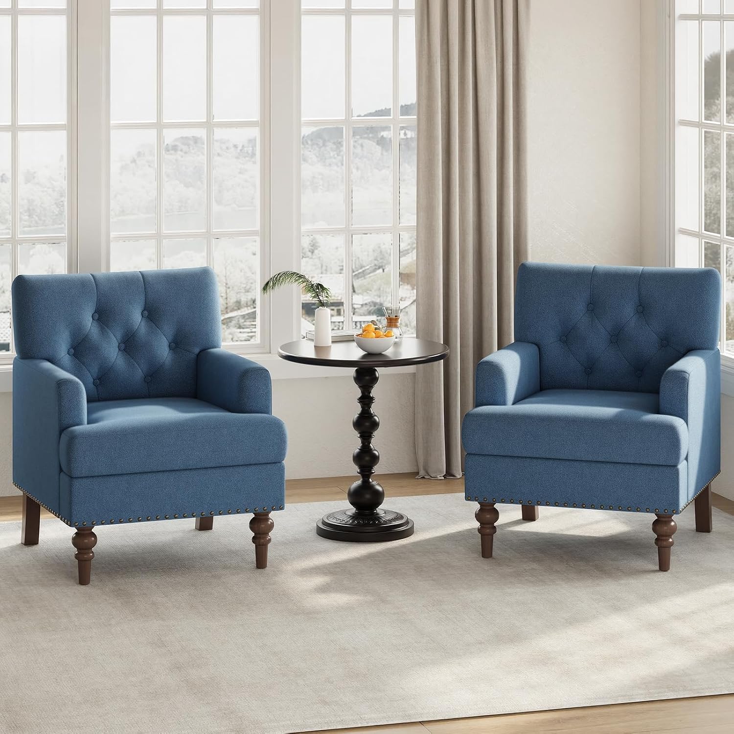 MALOL Upholstered Accent Chair, Comfy Reading Chair for Living Room, Mid Century Modern Armchair with Thick Cushion & Solid Rubberwood Legs, for Bedroom/Small Spaces, Blue