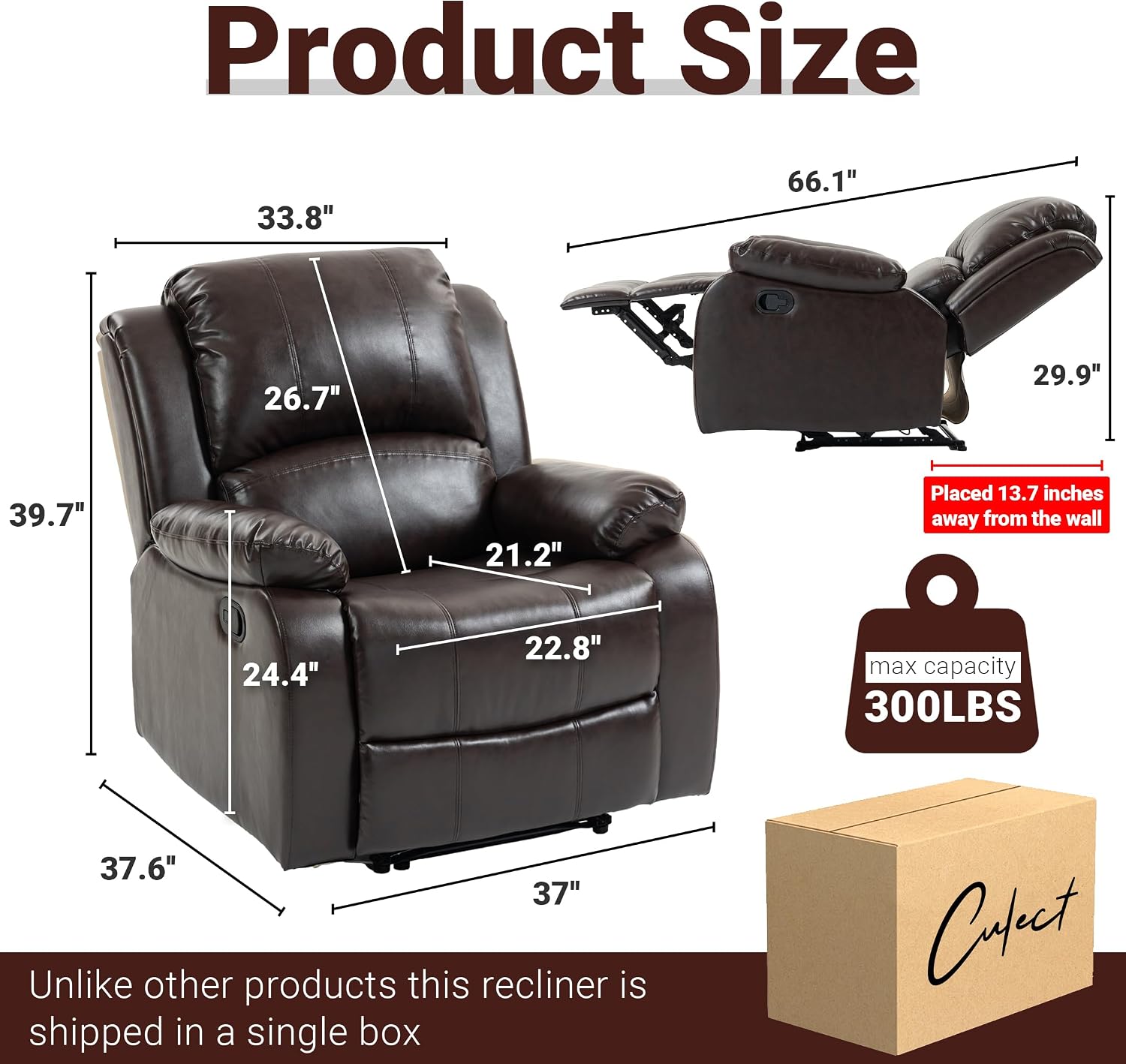 Manual Recliner Chair, Adjustable Push Back Leather Reclining for Living Room, Reddish Brown