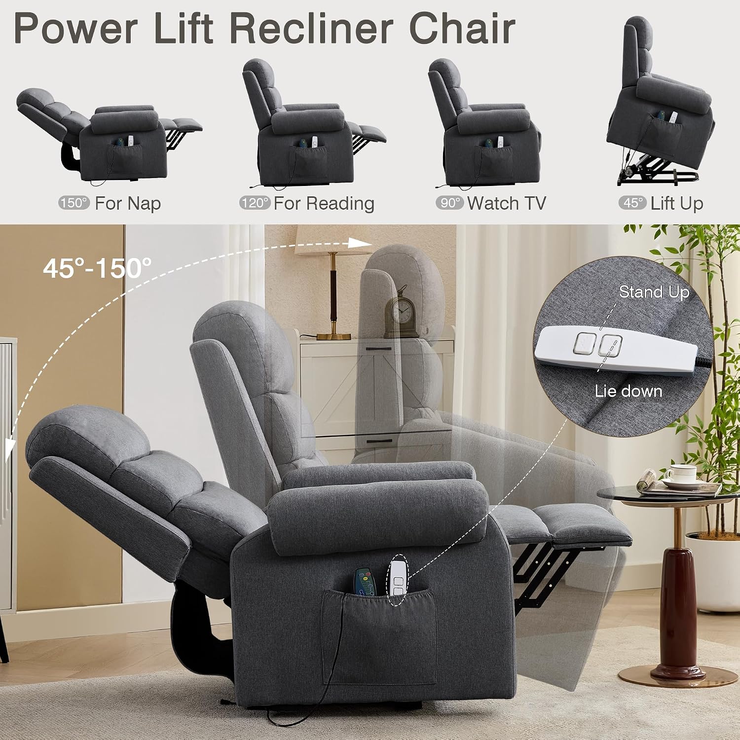 LOUVIXA Power Lift Recliner Chair Recliners for Elderly with Heat and Massage Recliner Chair for Living Room with Infinite Position and Side Pocket, USB Charge Port (Modern Grey)
