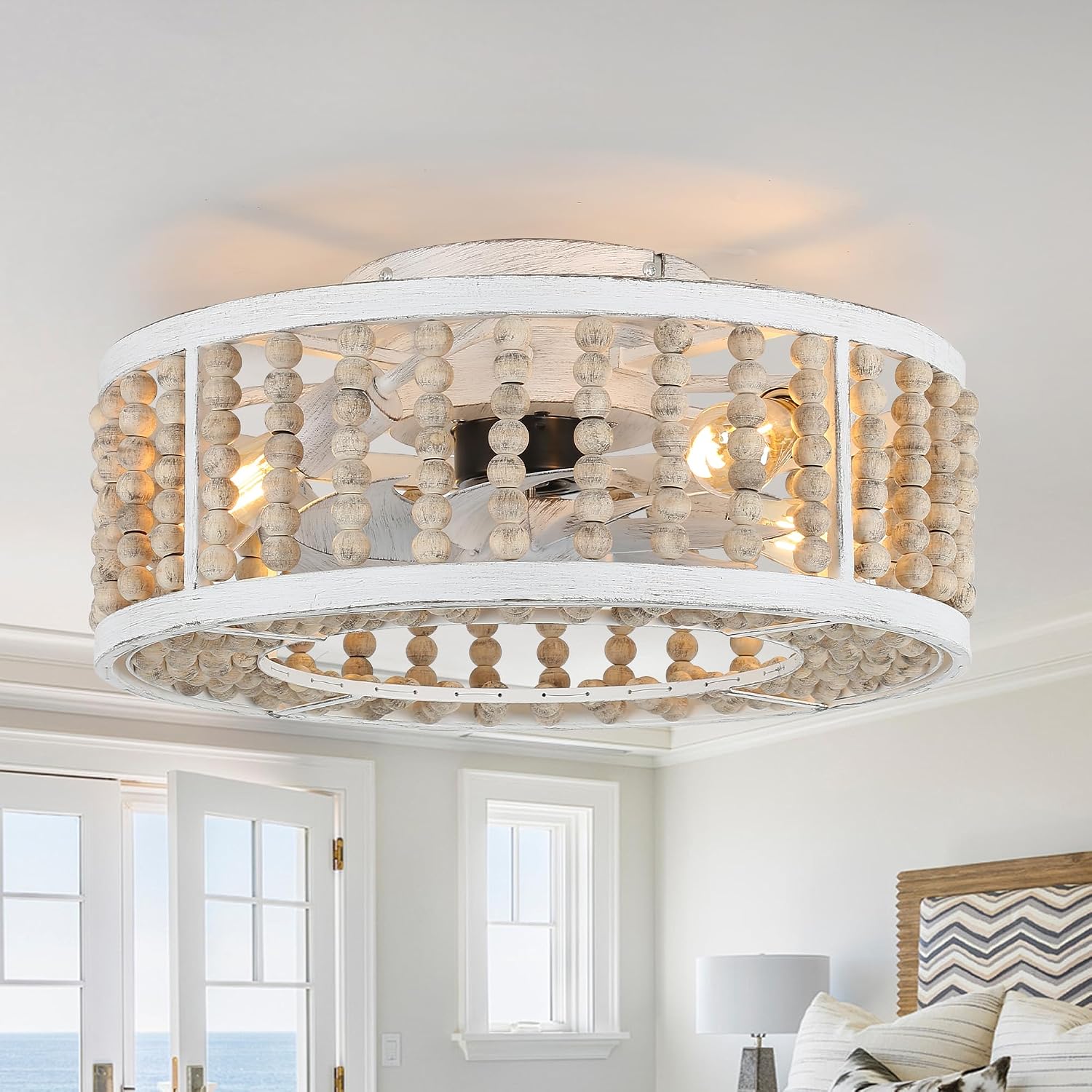 Bella Depot 20' Boho Ceiling Fan with Light, Flush Mount Wood Beaded Fandelier Chandelier Fan, 6 Speeds Reversible Bladeless Ceiling Fan for Bedroom Living Room Kitchen(Cool Wood)