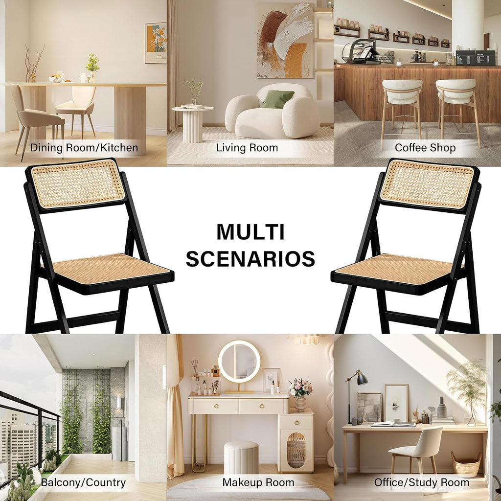 Furlide Rattan Folding Chairs, Modern Mid Century Dining Chairs Set of 2, Outdoor Bamboo Chairs for Bedroom Living Room Reading Room Dining Kitchen, Black