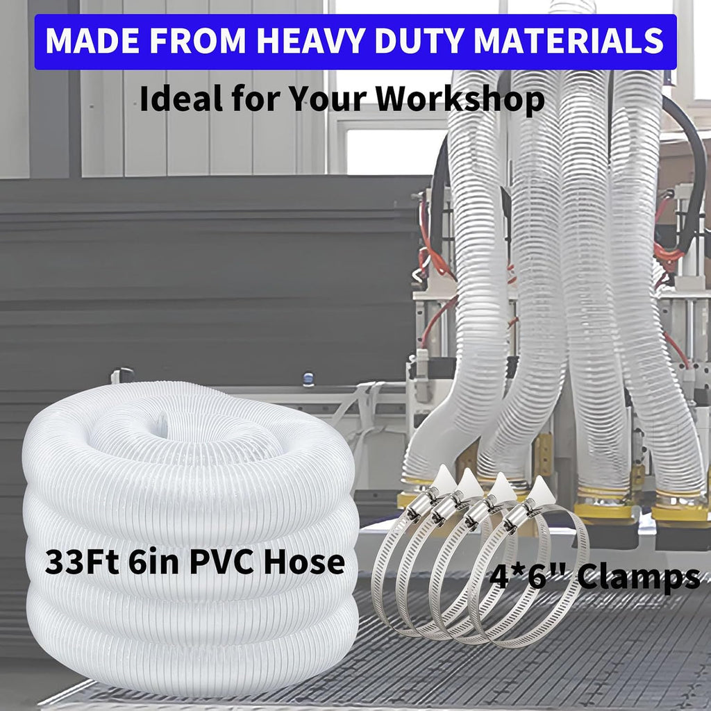 JUYO VONSAN 6 inch Dust Collection Hose 33ft 6' Heavy Duty Clear PVC Debris Flex Dust Collector Hose (6'' X 33ft)