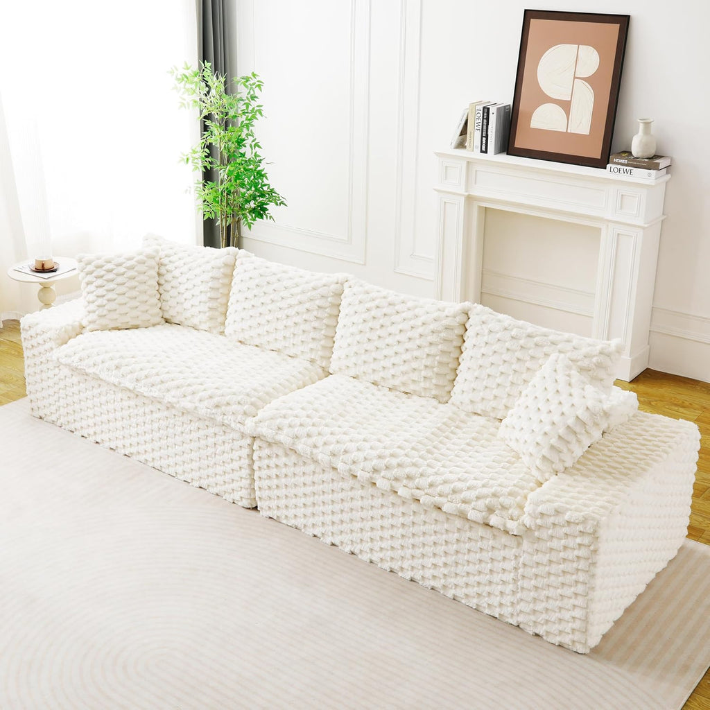 KEIKI 120' Modular Boneless Couch Full Chaise for Bedroom, 4-Seater Sectional Couches for Living Room Furniture, Deep Seat Deep Soft Sofa Bed for Living Room Corner Pet Friendly, White