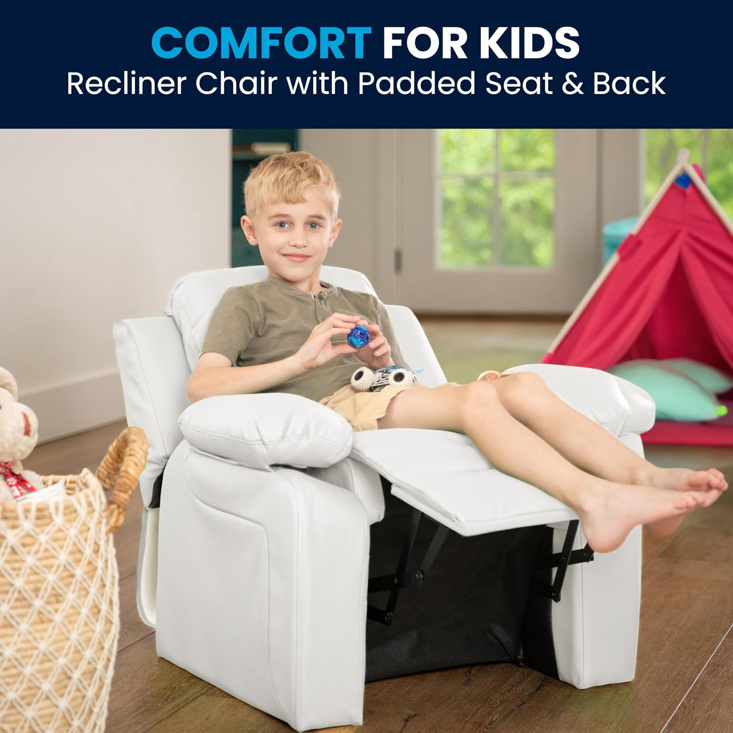 Flash Furniture Charlie Vinyl Kids Recliner with Flip-Up Storage Arms and Safety Recline, Contemporary Reclining Chair for Kids, Supports up to 90 lbs., White
