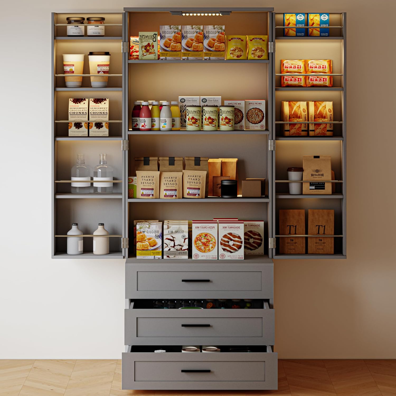 FJTJBSI 72' LED Kitchen Pantry Cabinet with 3 Drawers Farmhouse Tall Storage Cabinet Wood Food Pantry with Barn Doors and Adjustable Shelves Versatile Storage Freestanding Cupboard for Kitchen