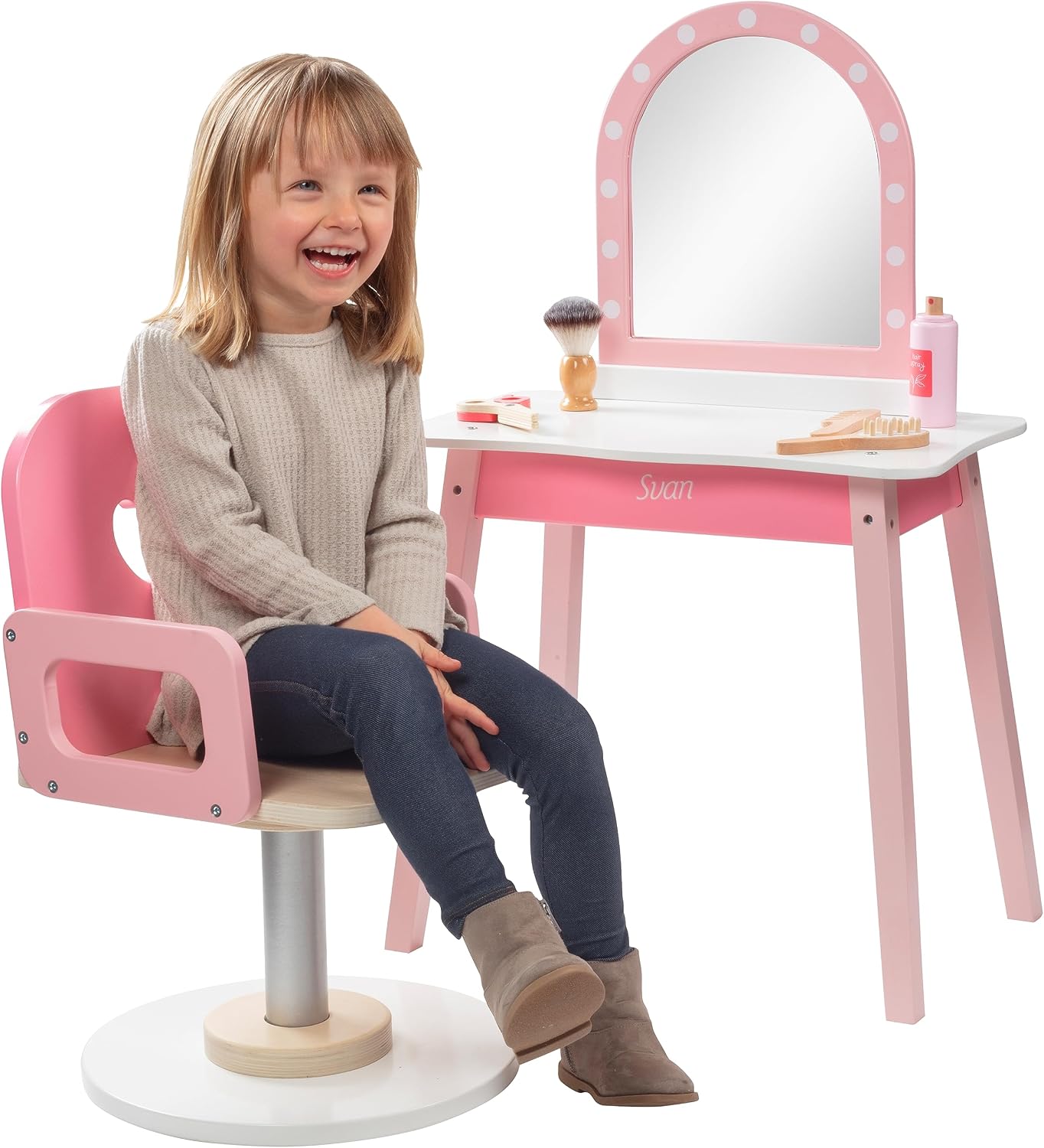 Pretend Hair Salon Wooden Play Set- Full Vanity Mirror with Chair & Rolling Cart- Playset Includes Blow Dryer, Brush, Styling Cutting Tools- Girls Hair Dresser Stand Center, Stylist Fun, Gift for Kids