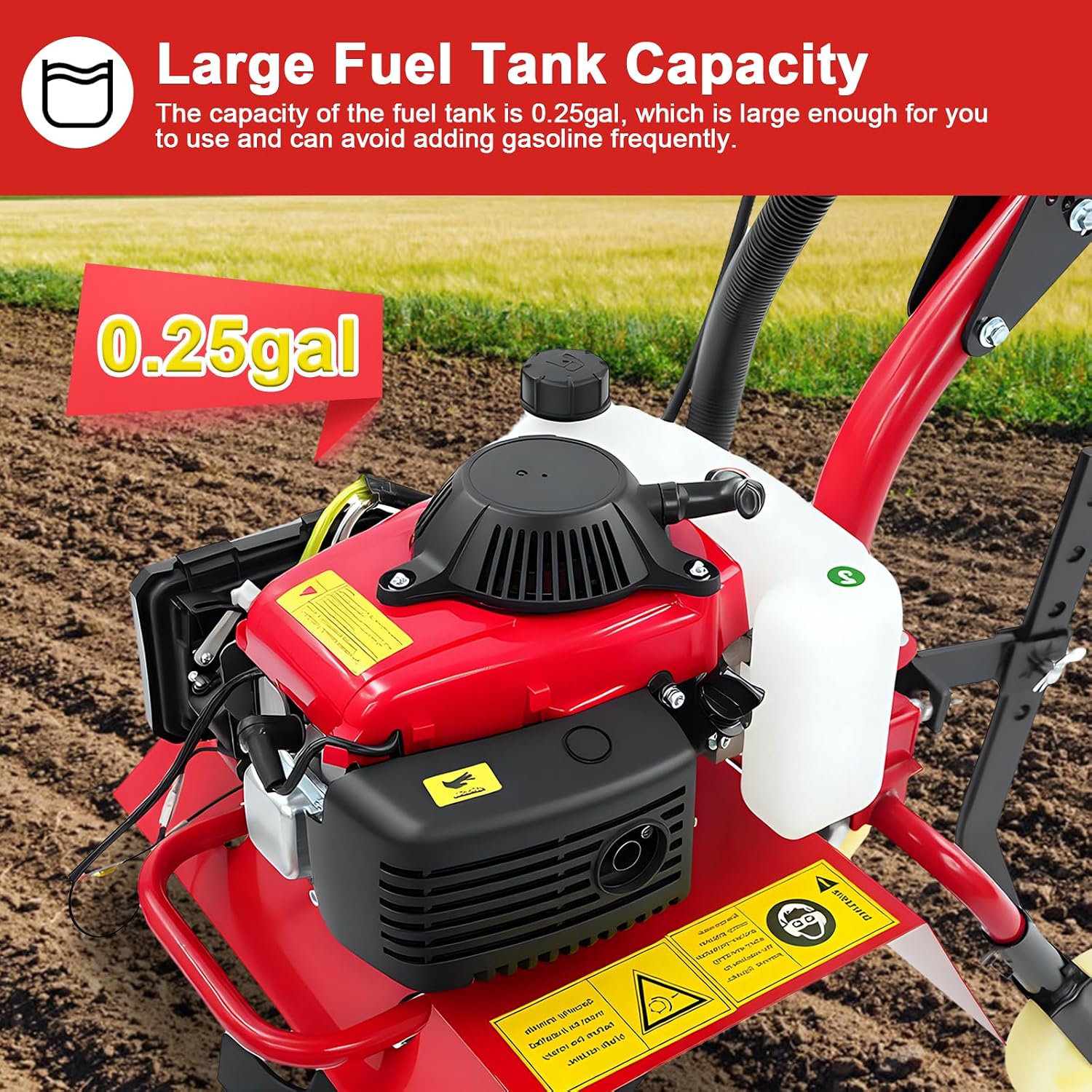 Mini Tiller Cultivator, 63CC 4-Stroke Gas Powered Tiller Cultivator 8500-9000rpm Speed 1600W Garden Yard Rototiller Tilling with Fuel Tank Cordless Tiller Cultivator for Gardening