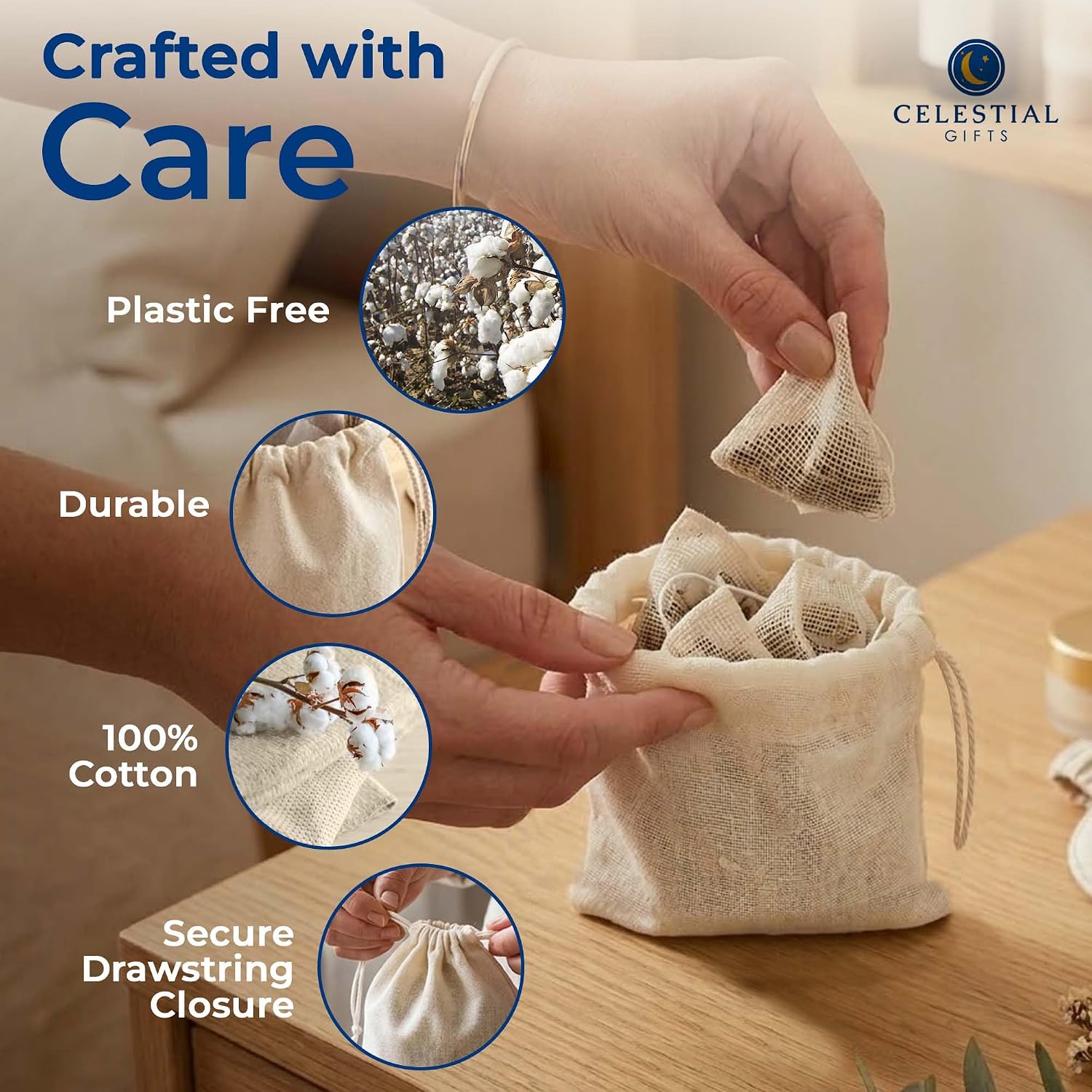 Celestial Gifts Muslin Bags 500pcs 5x7 inch, 100% Cotton Drawstring Bags for Party Favors, Parts, Cowboy Coffee and More- Made in USA (Natural Hem & Drawstring)