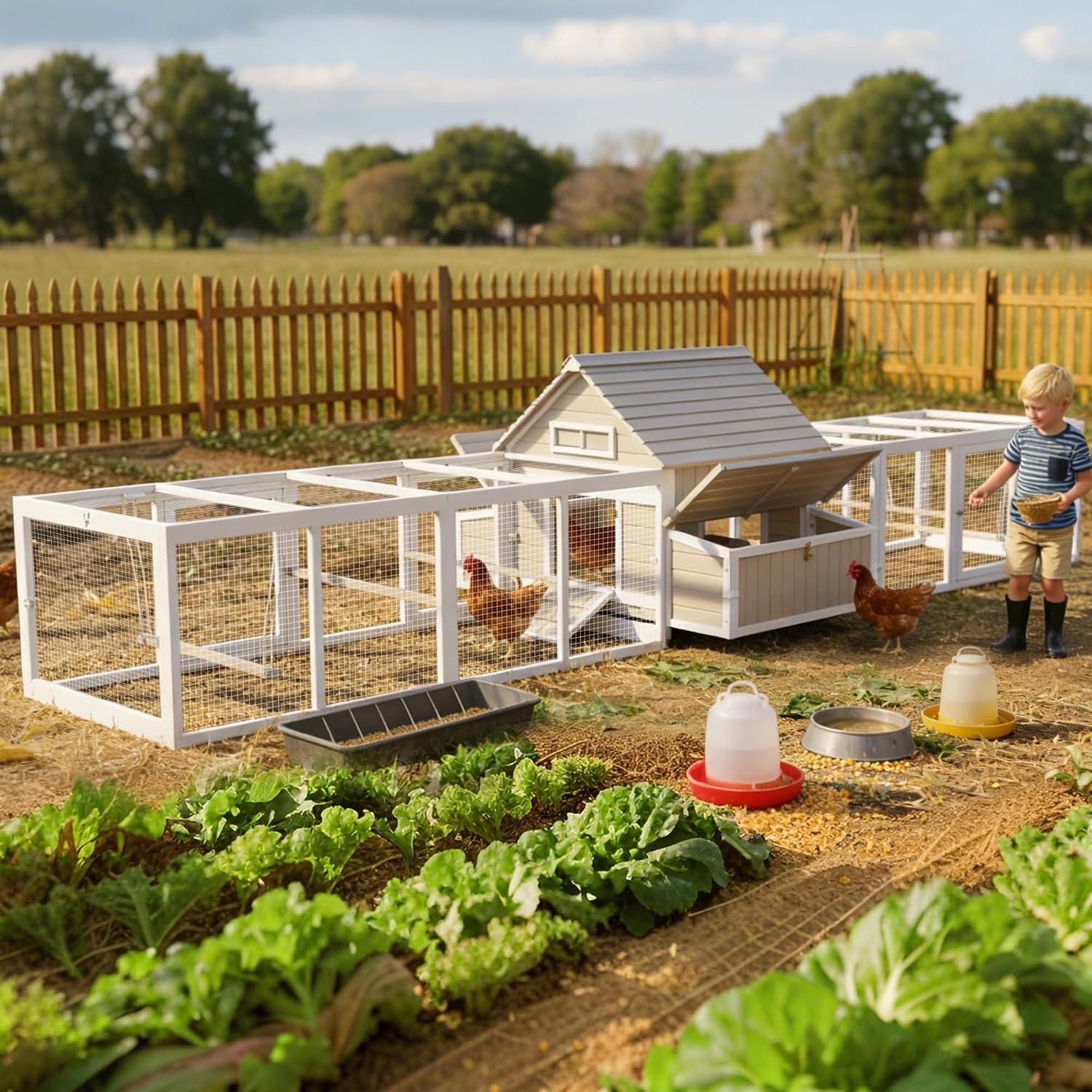 Ketive Extra Large Chicken Coop with 2 Runs for 8–10 Chickens Outdoor Wooden Hen House Poultry Cage with 6 Nesting Boxes, Dual Ramp Doors, Slide-Out Tray & Curved Roof (198.6' L x 38' W x 40.2' H)