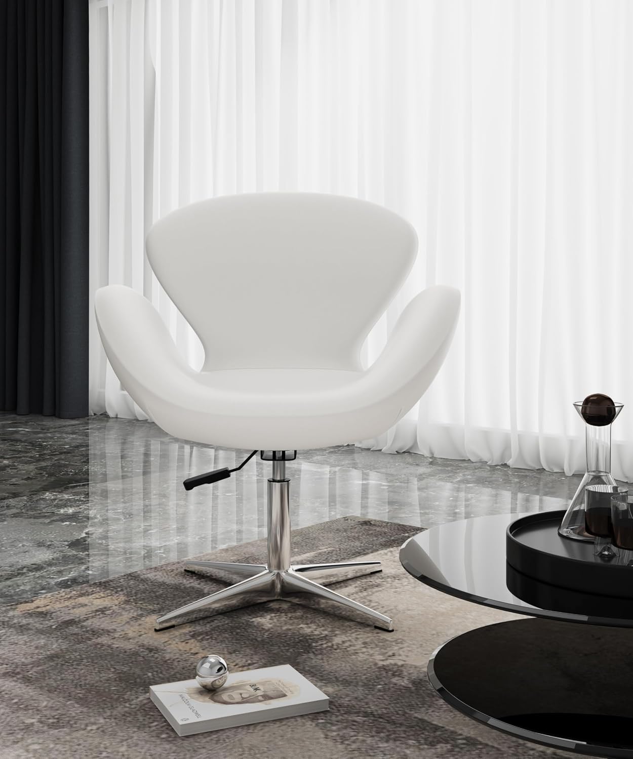 Manhattan Comfort Raspberry Adjustable Swivel Accent Chair with 360° Turn, Polished Chrome Base, Modern Retro Design, Versatile Seat Ideal for Any Room, Set of 2, White