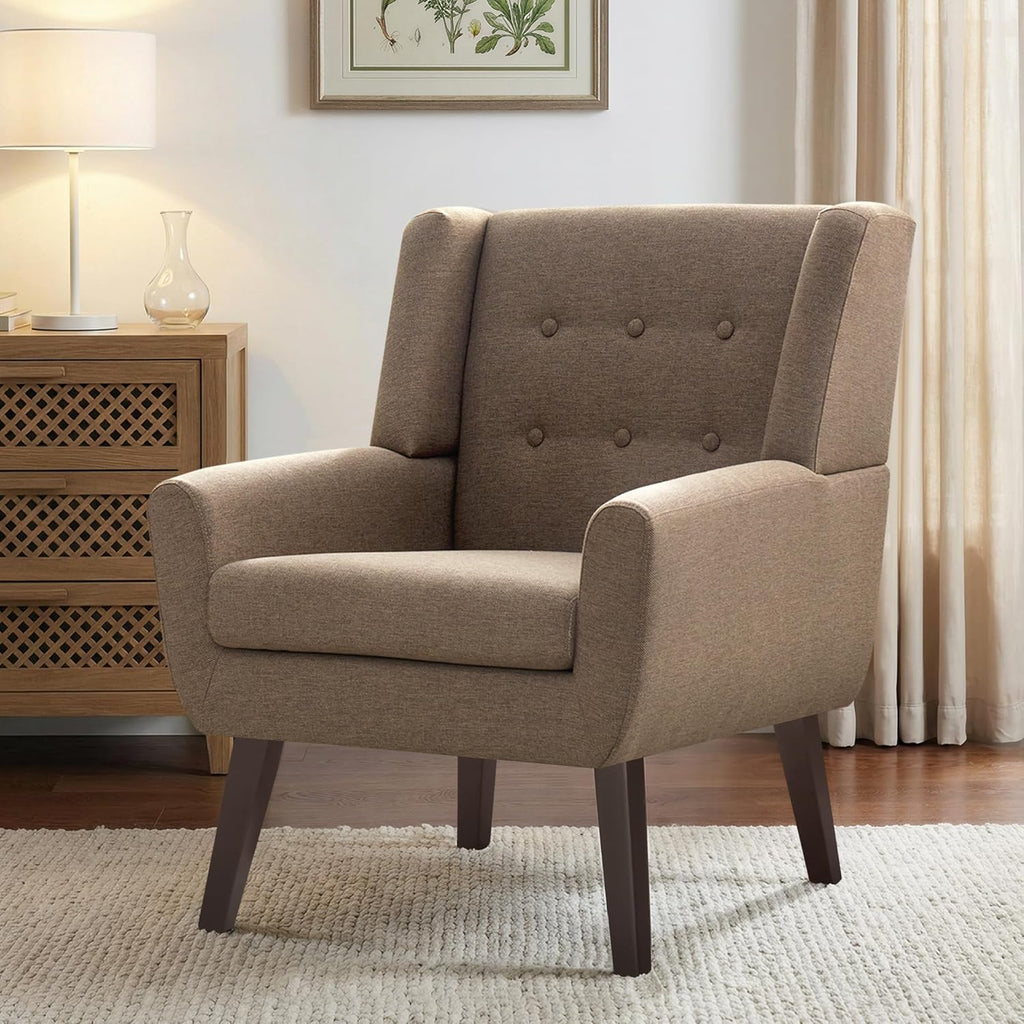 HUIMO Accent Chairs for Living Room,Linen Button-Tufted Upholstered Armchair with Wooden Legs,Comfy Mid Century Modern Chair for Bedroom Apartment Waiting Room Brown