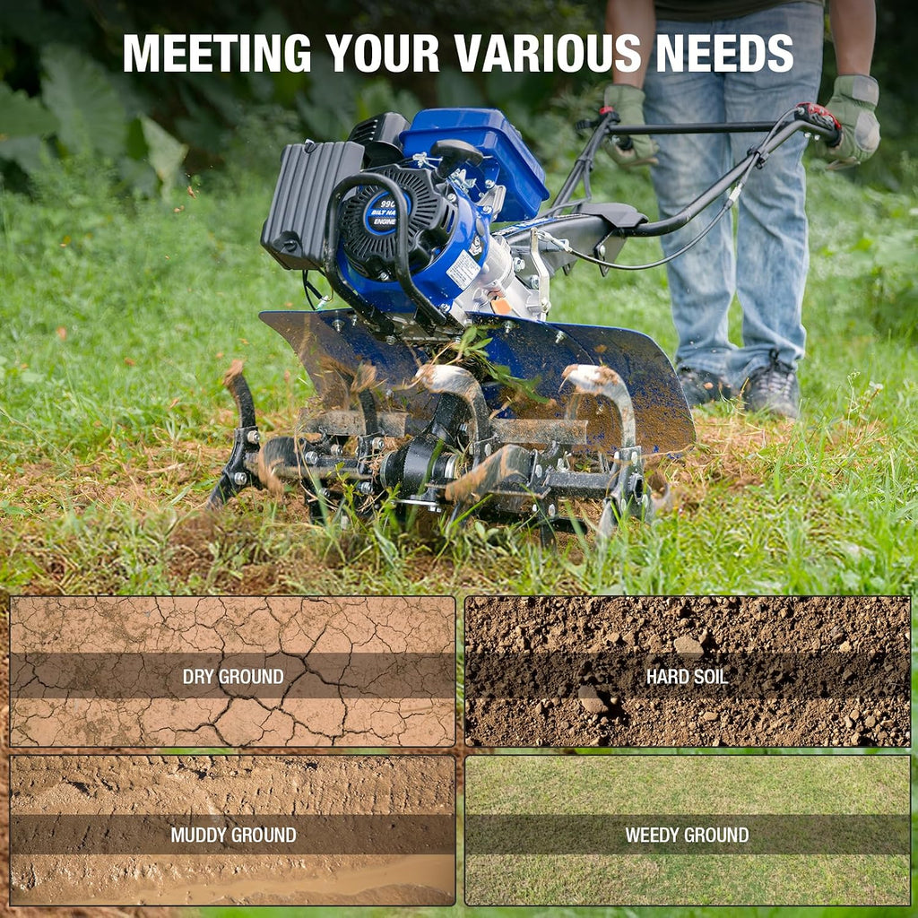 BILT HARD 24'' 99cc 4-Cycle Gas Tiller Cultivator, Variable Width Front Rotating Tines Tiller, 11.8'' Max Working Depth, Adjustable Handle & Wheels Rototiller for Weeding, Cultivating, Digging