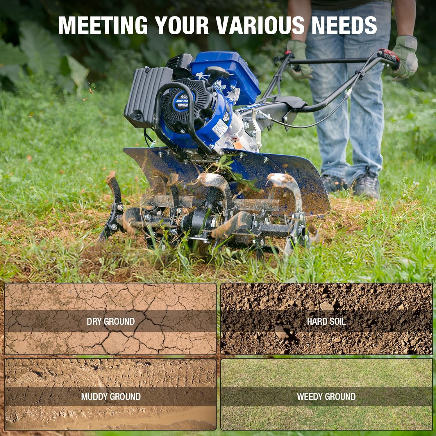 BILT HARD 24'' 99cc 4-Cycle Gas Tiller Cultivator, Variable Width Front Rotating Tines Tiller, 11.8'' Max Working Depth, Adjustable Handle & Wheels Rototiller for Weeding, Cultivating, Digging