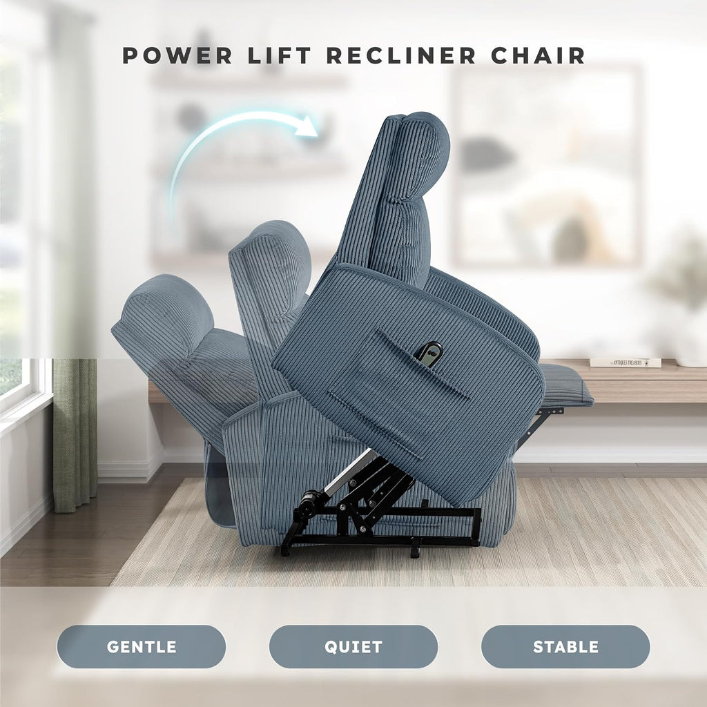 Lexicon Power Lift Recliner Chair for Elderly with Remote Control, Gentle Lift Motion, Side Pocket Armrest, Corduroy Upholstered Electric Recliner for Living Room/Bedroom, Easy Assembly, Midnight Blue