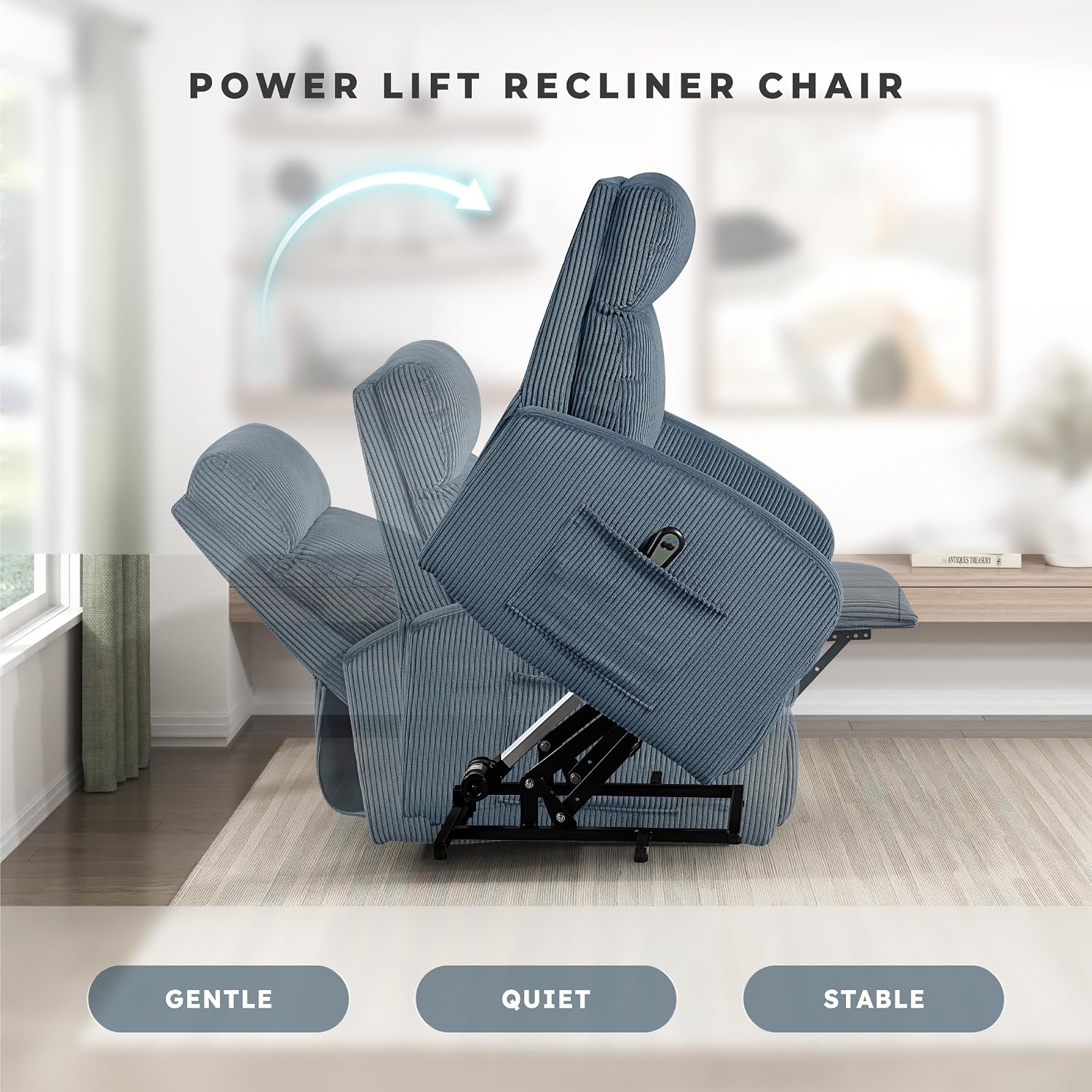Lexicon Power Lift Recliner Chair for Elderly with Remote Control, Gentle Lift Motion, Side Pocket Armrest, Corduroy Upholstered Electric Recliner for Living Room/Bedroom, Easy Assembly, Midnight Blue