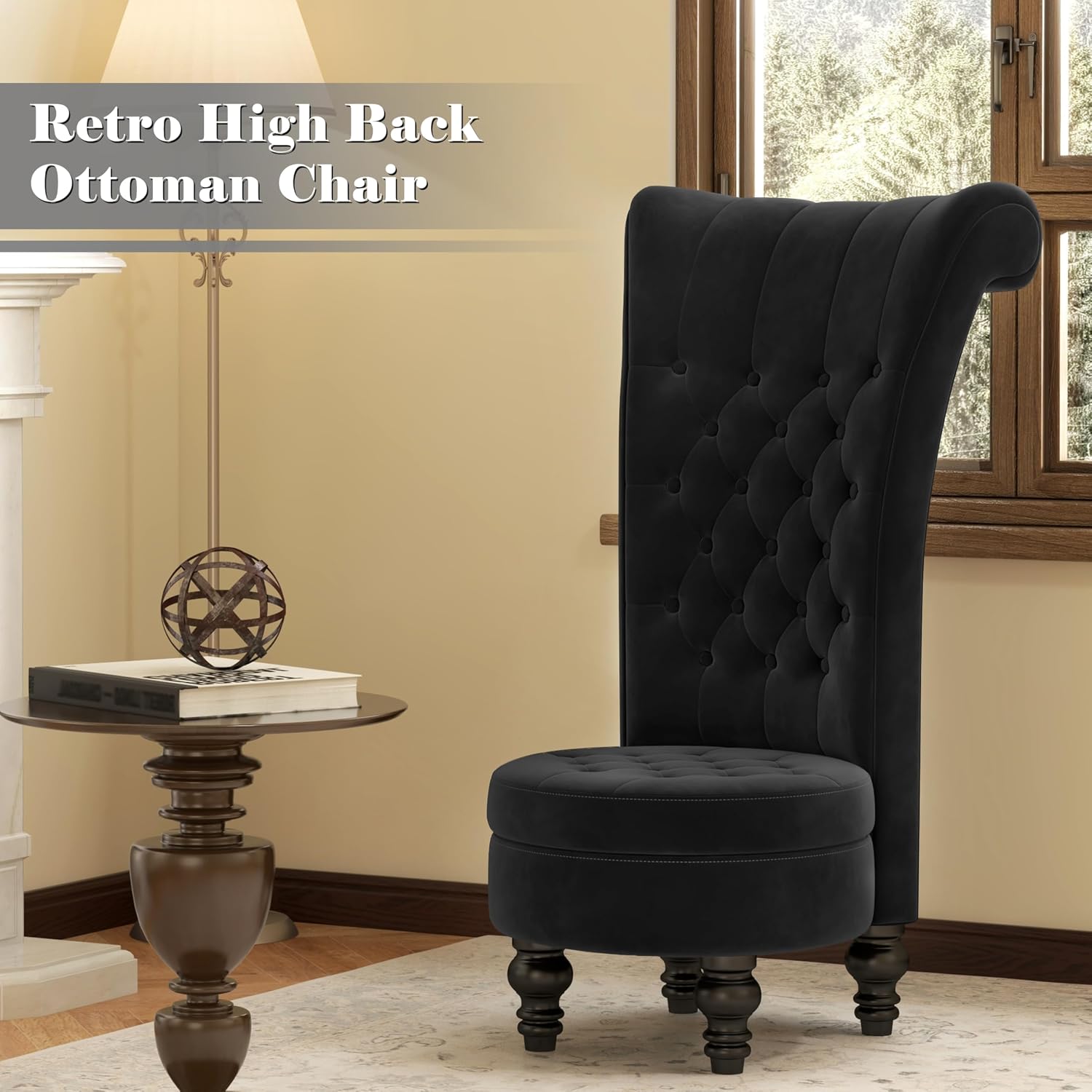 MU Retro High Back Armless Chair, Velvet Royal Furniture Chair, Upholstered Tufted Accent Seat for Living Room, Dressing Room, Bedroom, Black