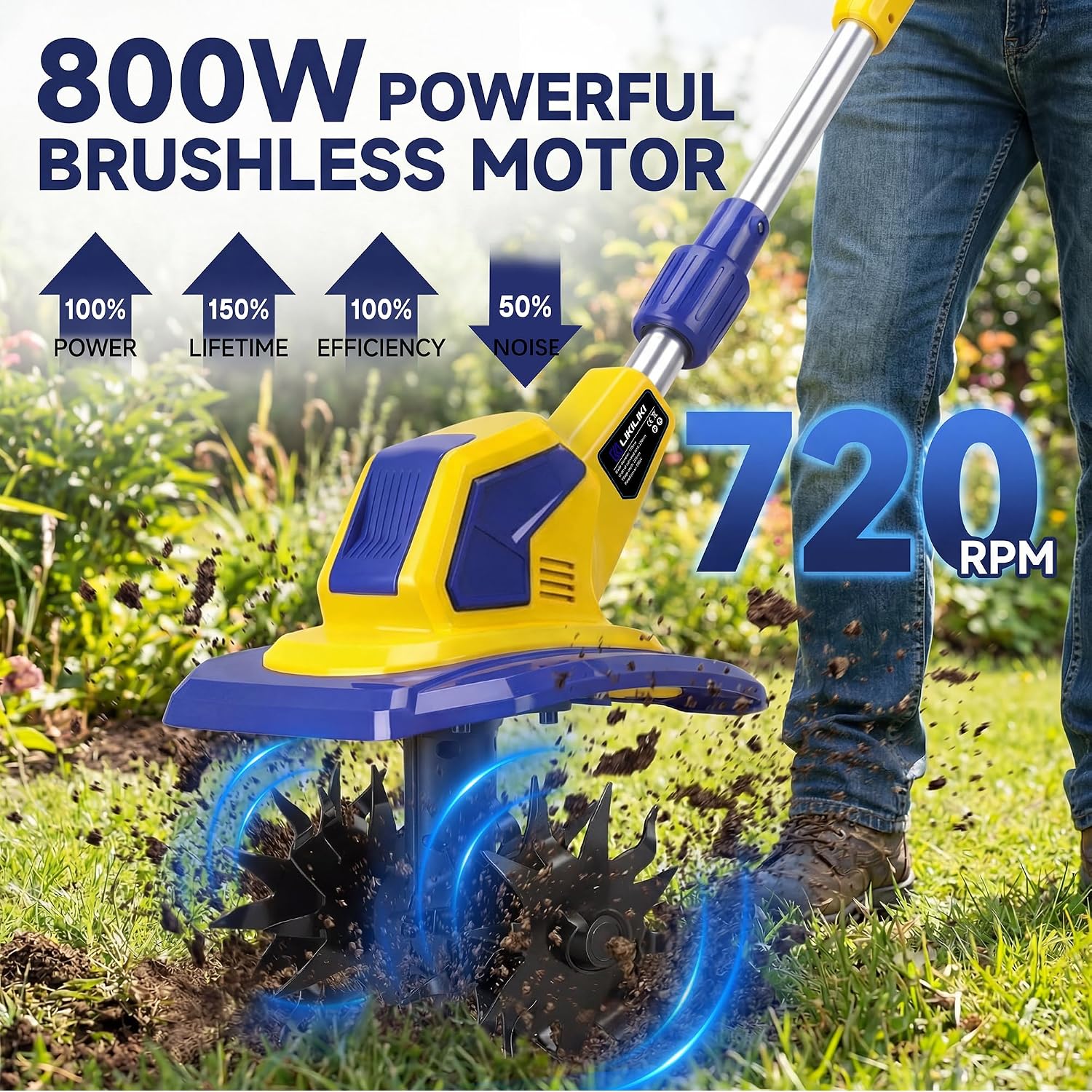 21V Cordless Tiller Cultivator, 720RPM Electric Garden Tiller, with 2 * 6.0Ah Batteries & Charger, 1 * Soil Tilling Blade and 1 * Weed Removal Blade for Lawn/Gardening/Soil Cultivation (Yellow)
