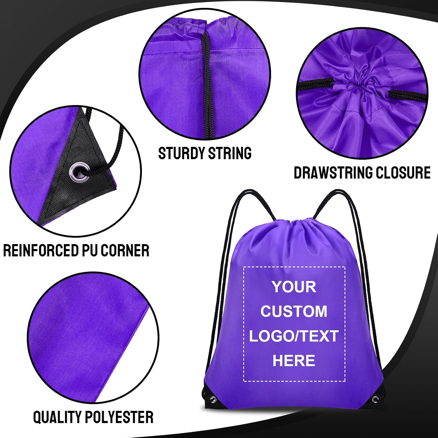 Grneric Personalized Drawstring Backpacks Bulk with Custom Logo 100 Pack Polyester String Gym Bags for Events, Travel, Sports, Black