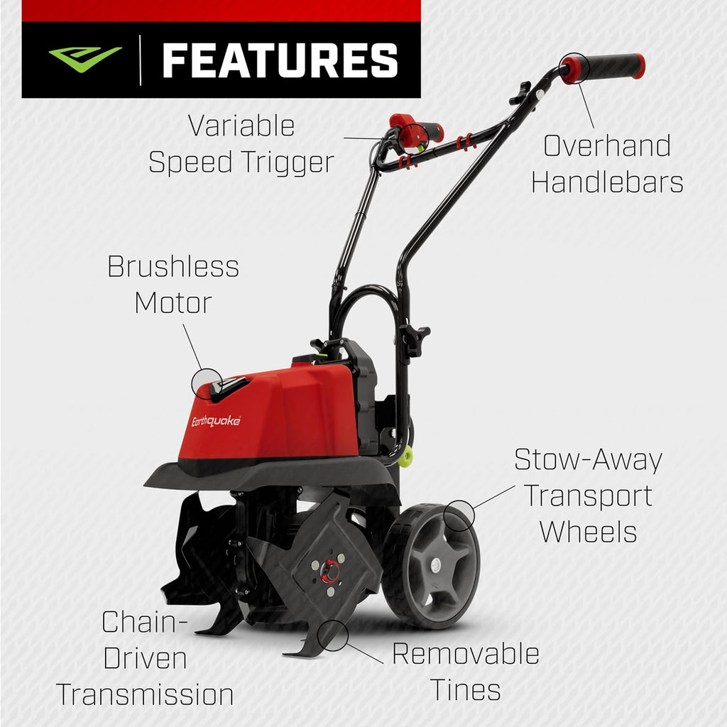 Earthquake 60V Cultivator with 4Ah Battery and Charger Included, Variable Speed Trigger, Adjustable Transport Wheels, Overhand Handlebars, U.S. Based Customer Support, 46091