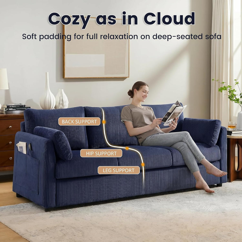 3 Seater Couches for Living Room, 79' Modern Corduroy Sofa with 2 Pillows and Storage Pockets, Small Comfy Couches for Apartment, Small Spaces, Bedroom, Office, Navy Blue