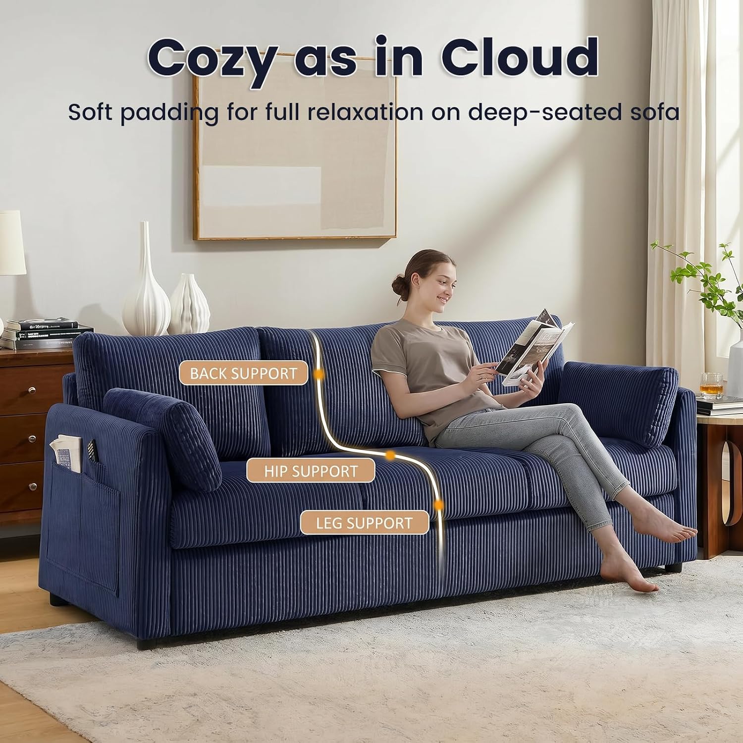 3 Seater Couches for Living Room, 79' Modern Corduroy Sofa with 2 Pillows and Storage Pockets, Small Comfy Couches for Apartment, Small Spaces, Bedroom, Office, Navy Blue