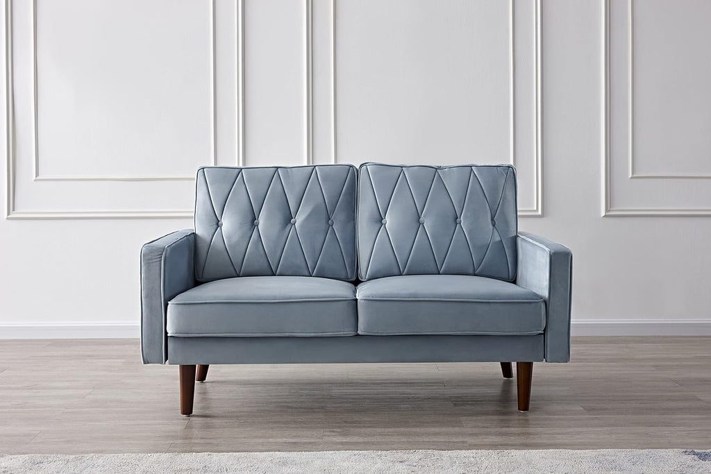 Container Furniture Modern Style Tufted Velvet Couches for Living Room with Soft Fabric Upholstery and Solid Wood Frame, 2 Piece Sofa and Loveseat Set, Light Grayish Cyan