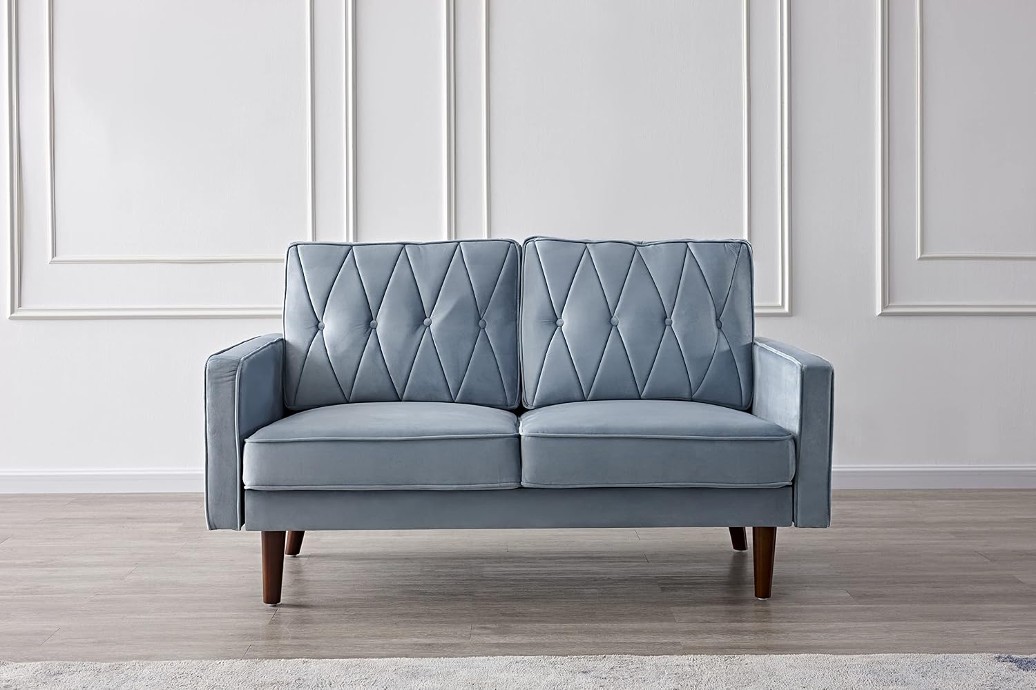 Container Furniture Modern Style Tufted Velvet Couches for Living Room with Soft Fabric Upholstery and Solid Wood Frame, 2 Piece Sofa and Loveseat Set, Light Grayish Cyan