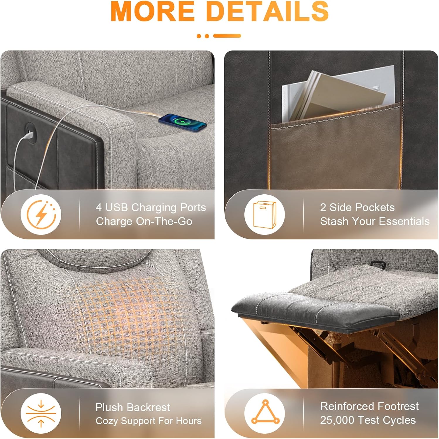 Dresegmt 4 Seat Manual Reclining Sofa, Flip Middle Backrest 2-in-1 Recliner Couch with Large Storage Drawer, USB Ports & Cup Holders, Grey Linen & Leather 4 Seater Recliner Sofa for Living Room